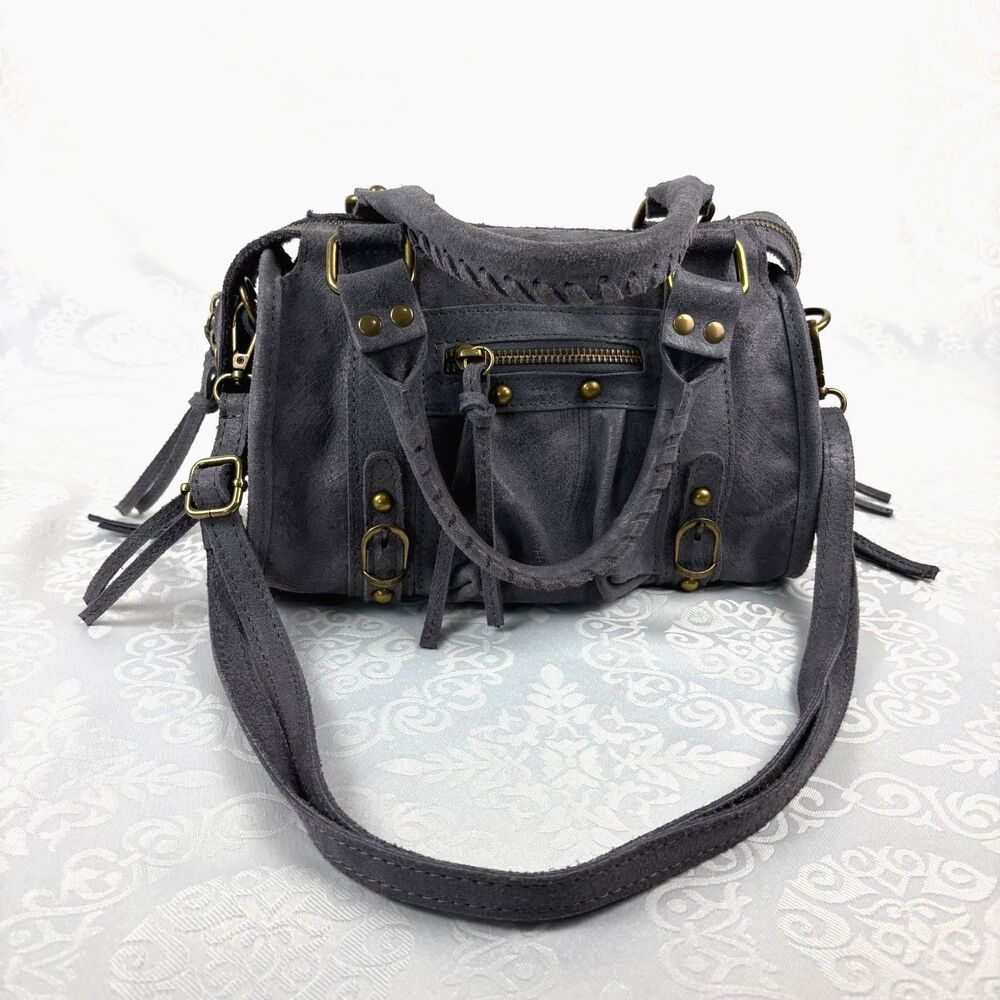 100% Leather Studded City Satchel Bag Top Handle Italian Crossbody Denim Blue